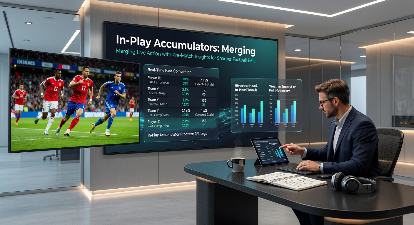 Close-up of a bettor's screen showing an active in-play accumulator with live football stats and pre-match charts side-by-side