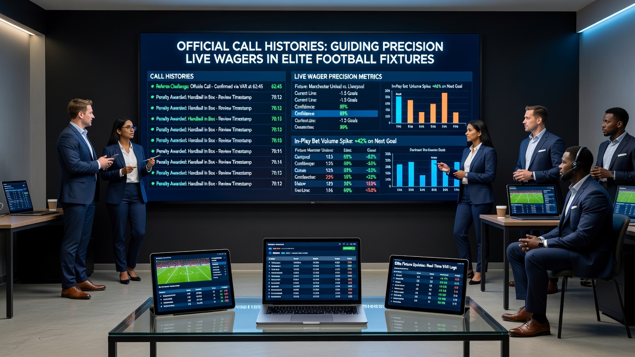 Analyst reviewing historical referee decision logs alongside real-time match statistics on dual monitors
