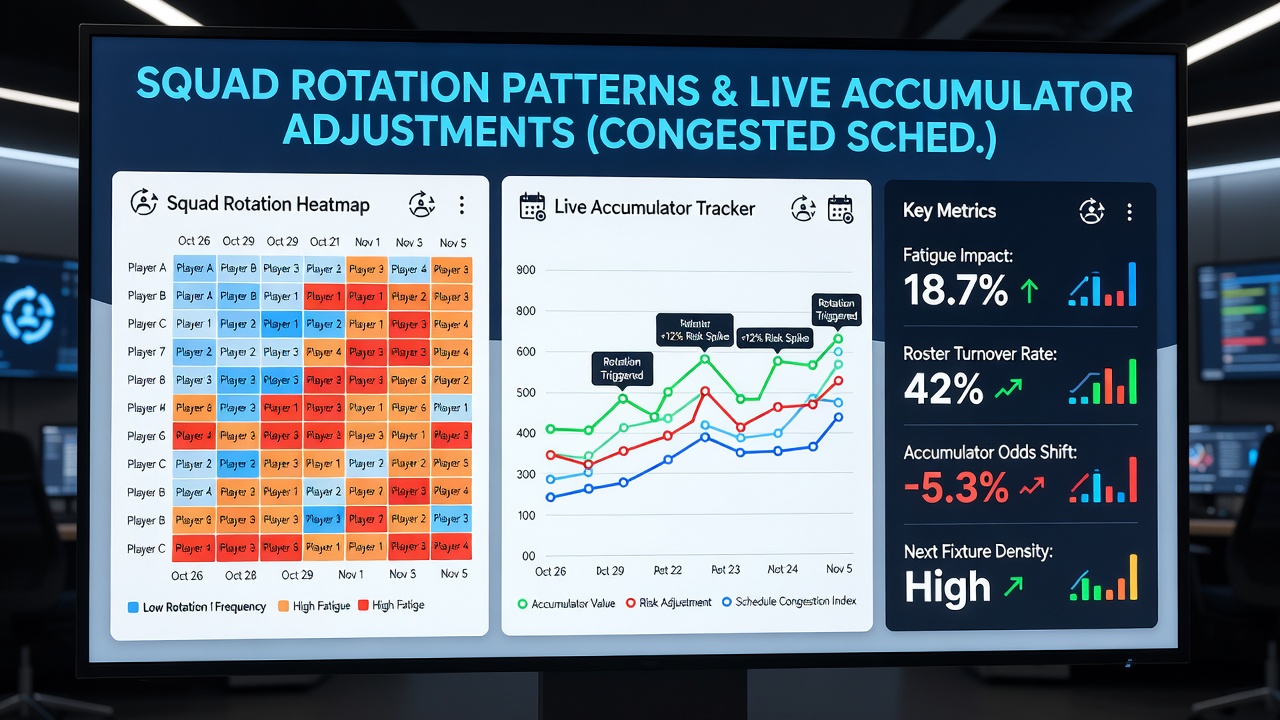 Live betting interface displaying accumulator adjustments during a football match with squad rotation indicators