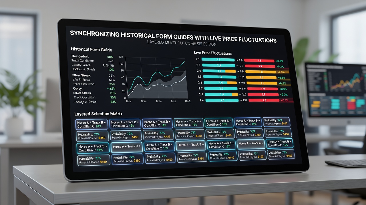 Dashboard display illustrating real-time price adjustments overlaid on historical performance data for complex betting selections